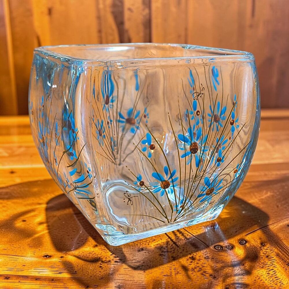 Hand Painted Square Glass Vase Blue Daisies Cornflowers Dragonflies Cube